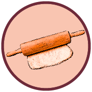 Illustration ronde beige contour bordeaux avec un rouleau de pâtissier étalant de la pâte dans un style BD.