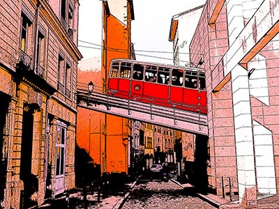 Illustration dans un style BD du funiculaire rouge passant au dessus de la rue derrière la station dans le quartier du Vieux-Lyon.