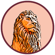 Illustration ronde beige contour bordeaux avec un lion majestueux regardant vers la droite dans un style BD.