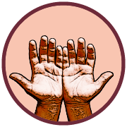 Illustration ronde beige contour bordeaux avec des mains d'homme, paumes vers le haut dans un style BD.